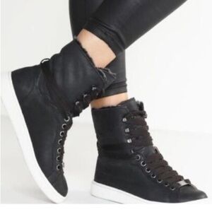 UGG Starlyn Black Leather Sheepskin High Top Sneaker Boots Shoes Women Sz 6.5